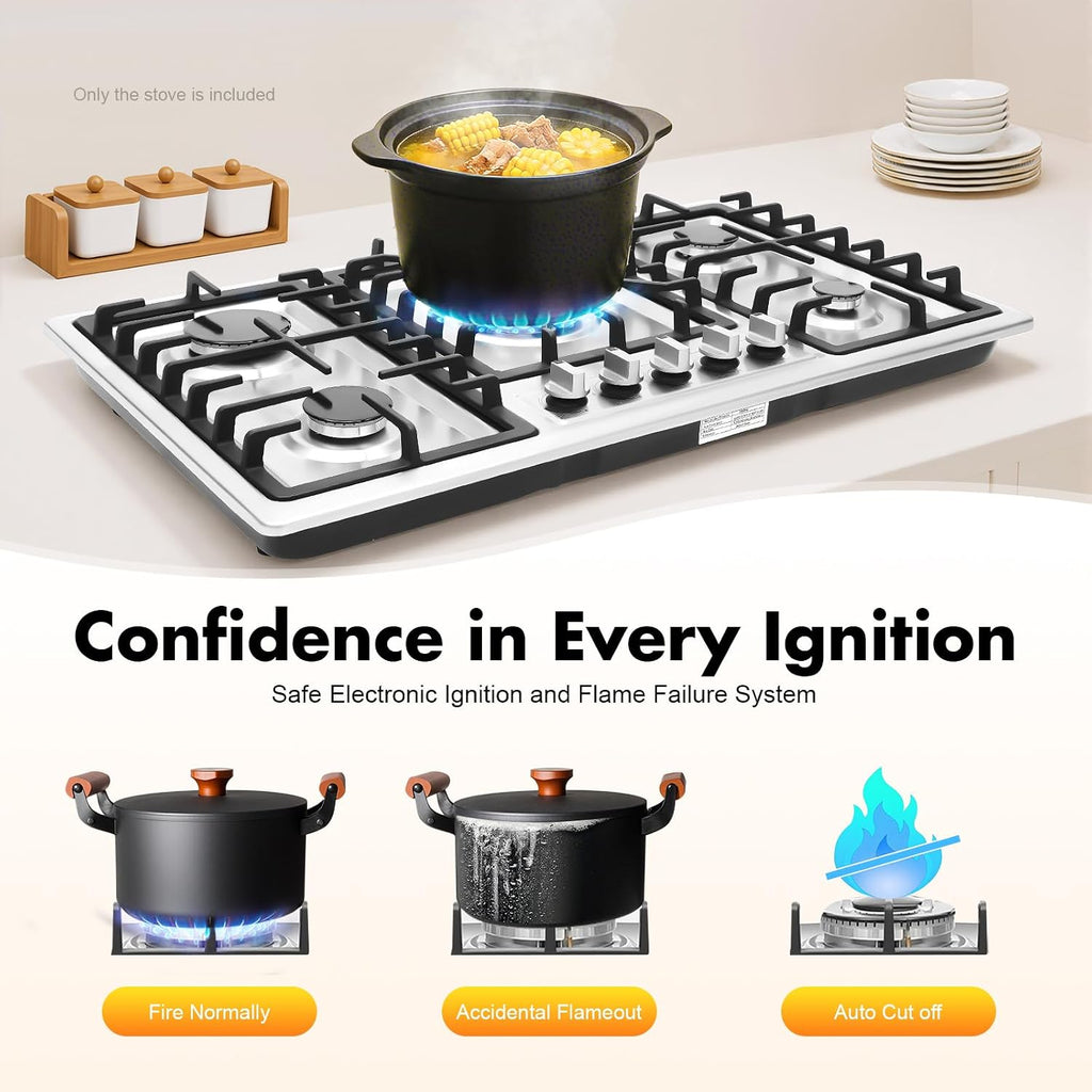 34 inch Gas Cooktop, Stainless Steel Built-in 5 Burners Stovetop, LPG/NG Dual Fuel Auto Ignition Gas Hob, Propane Stove Top with Thermocouple Protection for Apartments Indoor