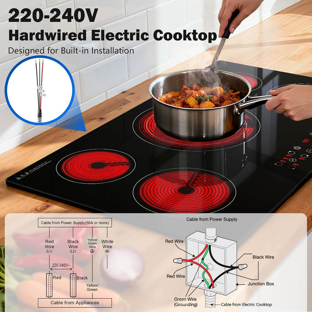 SNDOAS 36 inch Electric Cooktop,5 Burners 9000W Built-in Glass Ceramic Electric Stove Top w/Touch Control,9 Power Levels,Child Lock,Triple-Ring Zone,240V Hardwired for Kitchen Countertop 36'