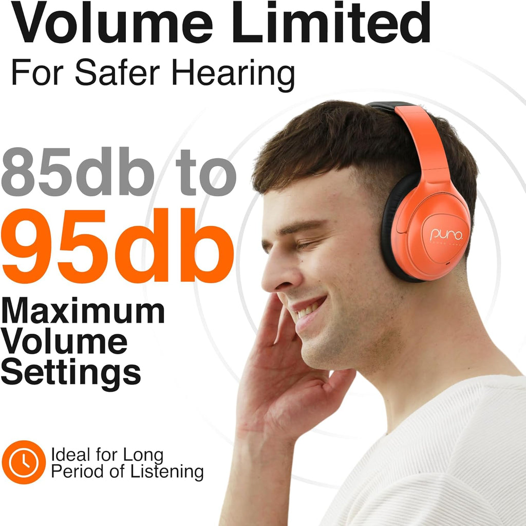 Puro Sound Labs PuroPro Universal Hybrid Active Noise Cancelling Headphones, Volume Limiting, Hi-Res Audio, 32h Playtime, Pc Wireless Headset with Mic, Over Ear Headphone for Travel & Work – Orange