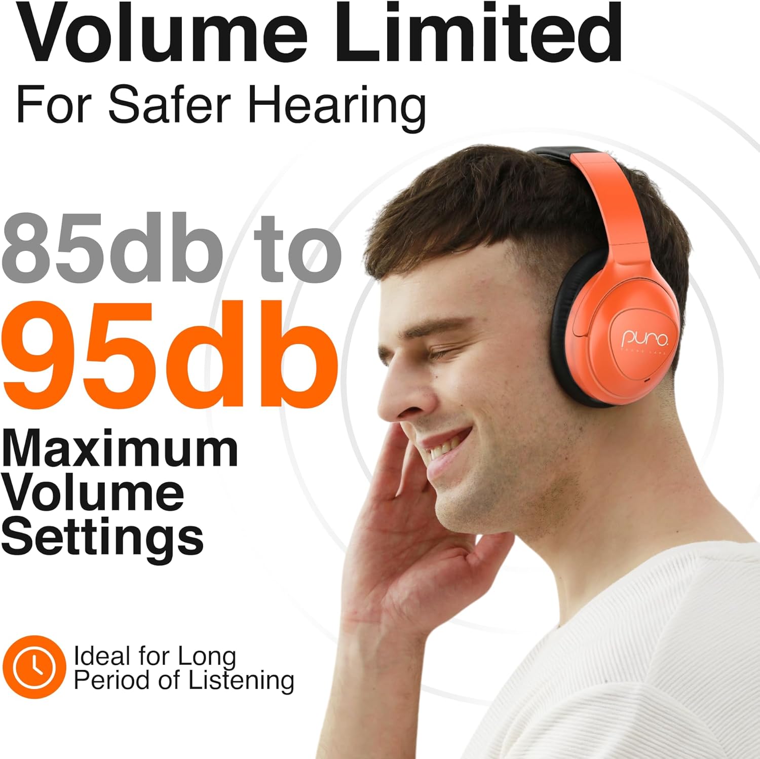 Puro Sound Labs PuroPro Universal Hybrid Active Noise Cancelling Headphones, Volume Limiting, Hi-Res Audio, 32h Playtime, Pc Wireless Headset with Mic, Over Ear Headphone for Travel & Work – Orange