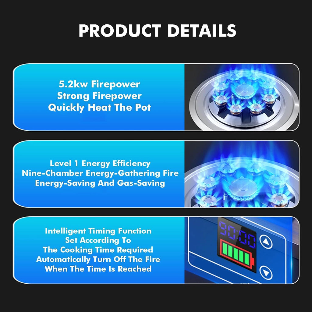Single Burner Gas Stove,5.2kW Nine-Cavity High Fire,Tempered Glass,with Timer and Flameout Safety for Home Kitchen(NG)