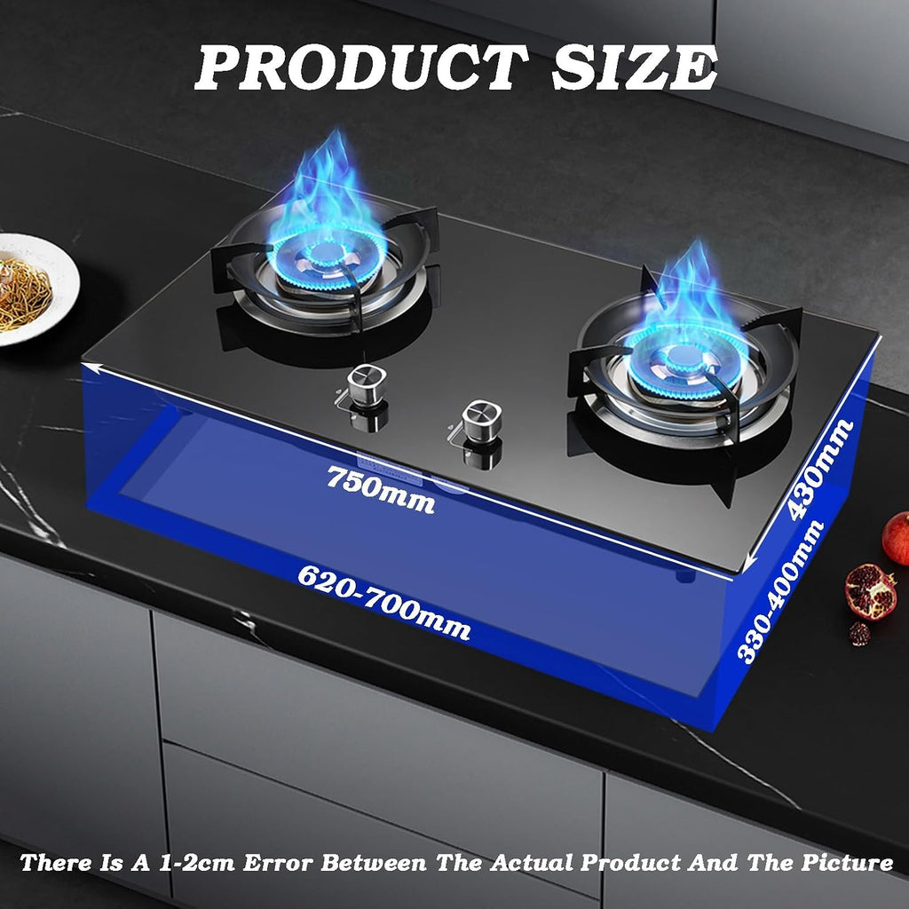 Portable Gas Stove,4.2kW Fire Ring Cooktop 2 Burners,Tempered Glass Freestanding Cooktop,Round Prevent Skidding Pot Rack,with Flameout Protection(LPG)