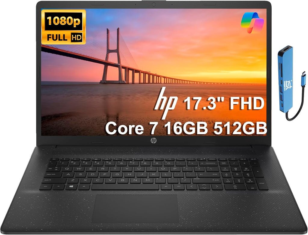 HP 17 Laptop (17.3' FHD Anti-Glare, Intel 10-Core i7 150U (> Ultra 5 125U), 16GB RAM, 512GB SSD) for Business, Home, Students, Narrow Bezel, Numeric Keypad, Fast Charge, IST Hub, Wi-Fi 6, Win 11 Home