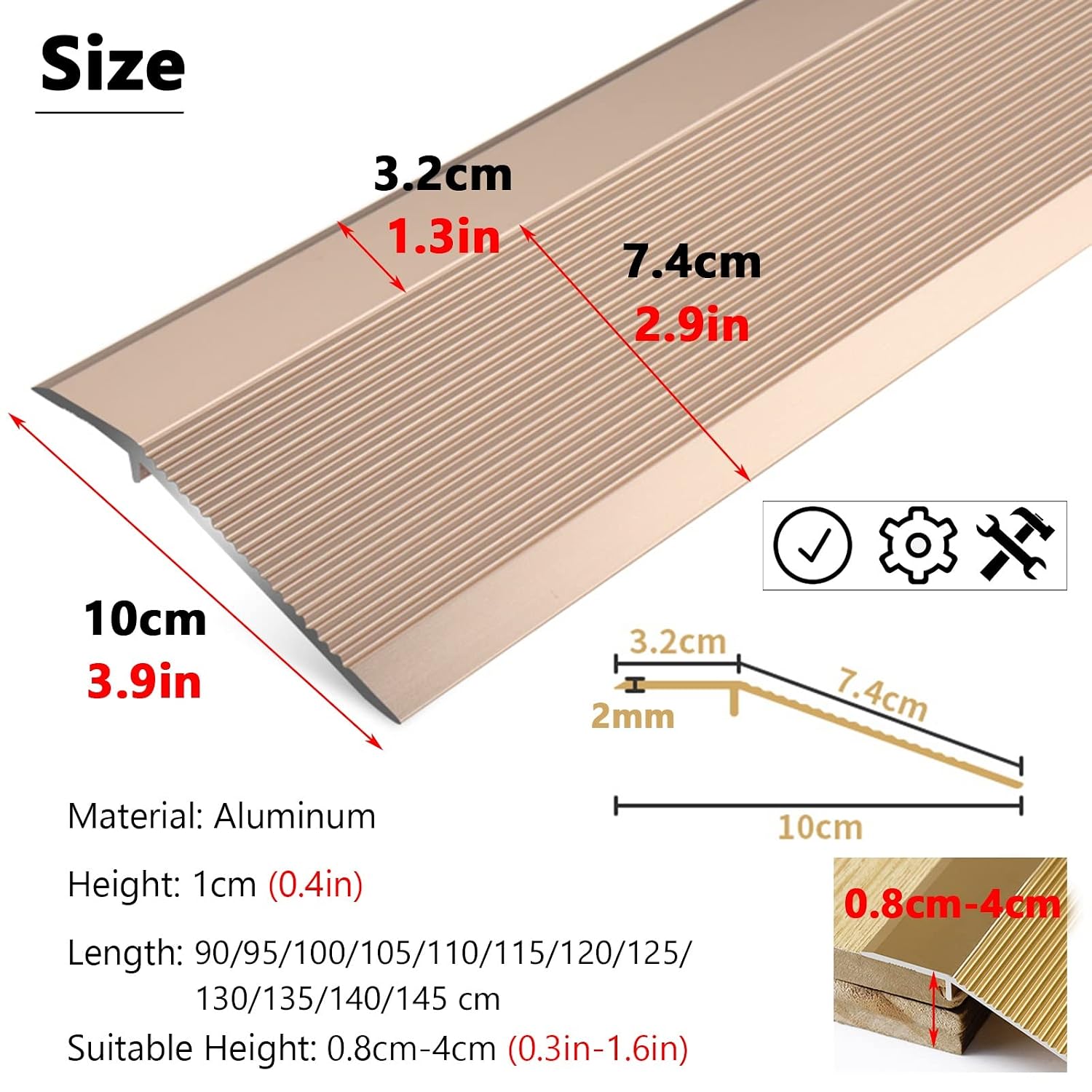 Doorway Uneven Floor Transition Strip, 4 Inch Wide, Aluminum Floor Threshold Ramp for Doorways From Carpet to Hardwood Floors, Front Door Entryway Reducer Flooring Edge Trim ( Color : Light Coffee , S