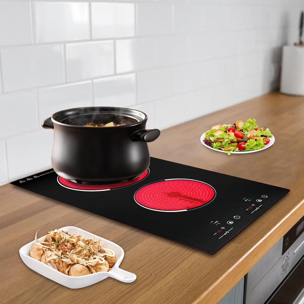 Electric Cooktop,Ceramic Cooktop with 2 Burners,Touch-adjustable Control Built-in Radiant Stove with LED Display Screen,Ceramic Cooktop with Safety Lock,Timer,Over-Temperature Protection