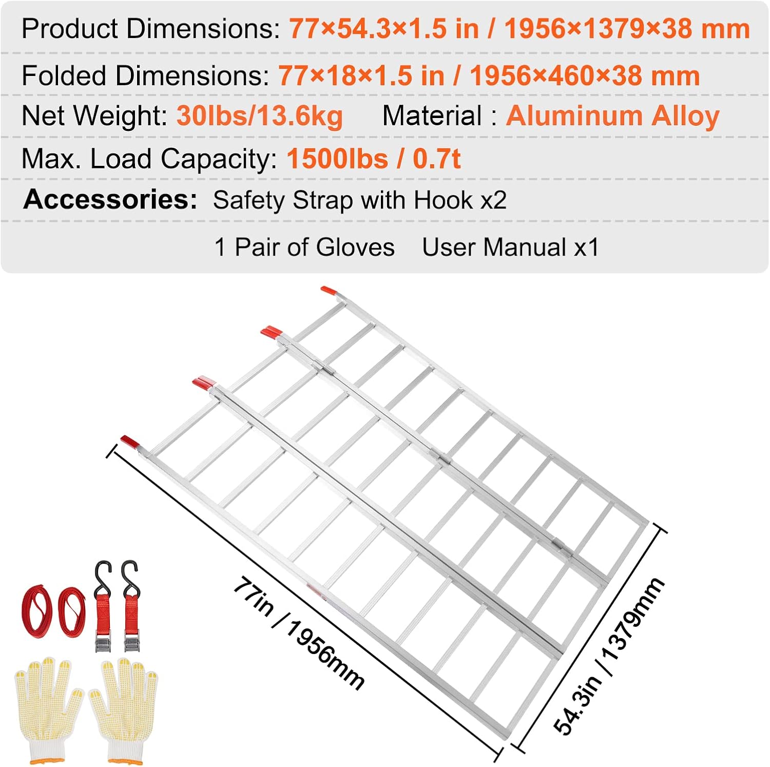 VEVOR Aluminum Ramps, 1500 lbs, Folding Loading Ramp with Load Straps, Tri-Fold Ramp for Motorcycles,UTVs, ATVs, Trucks, Lawnmowers, Snow Blowers, 77' L x 54' W, Sliver