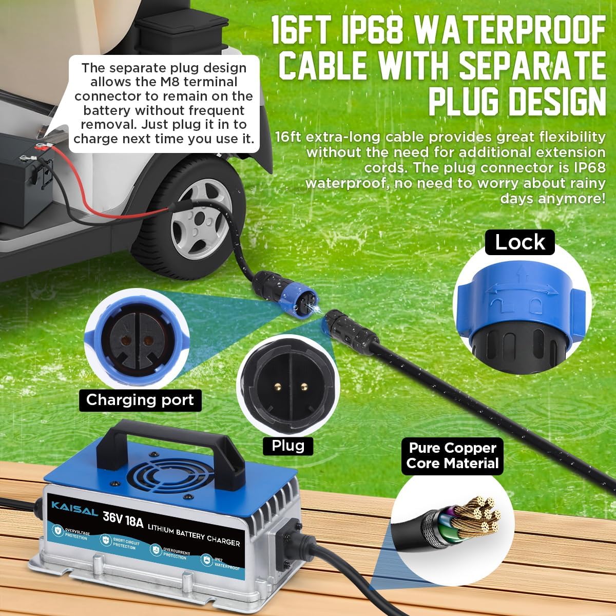 Lithium Battery Charger 36 Volt/43.8V 18A for 36V (38.4V) LiFePO4 Battery 0V Wake Up 36V Lifepo4 Battery Charger, IP67 Waterproof, for Golf Cart, Forklift, Trolling Motor, Boat, Car, RV, Lawn Mower