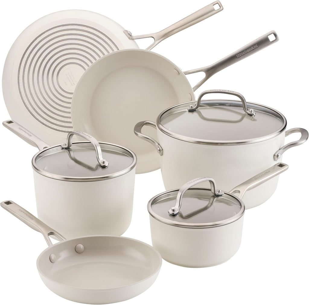 KitchenAid Hard Anodized Ceramic Induction Nonstick Pots and Pans with Saucepans, Frying Pans, Stockpot, and Lids, Dishwasher Safe, 9 Piece Cookware Set with Stainless Steel Handles - Porcelain White