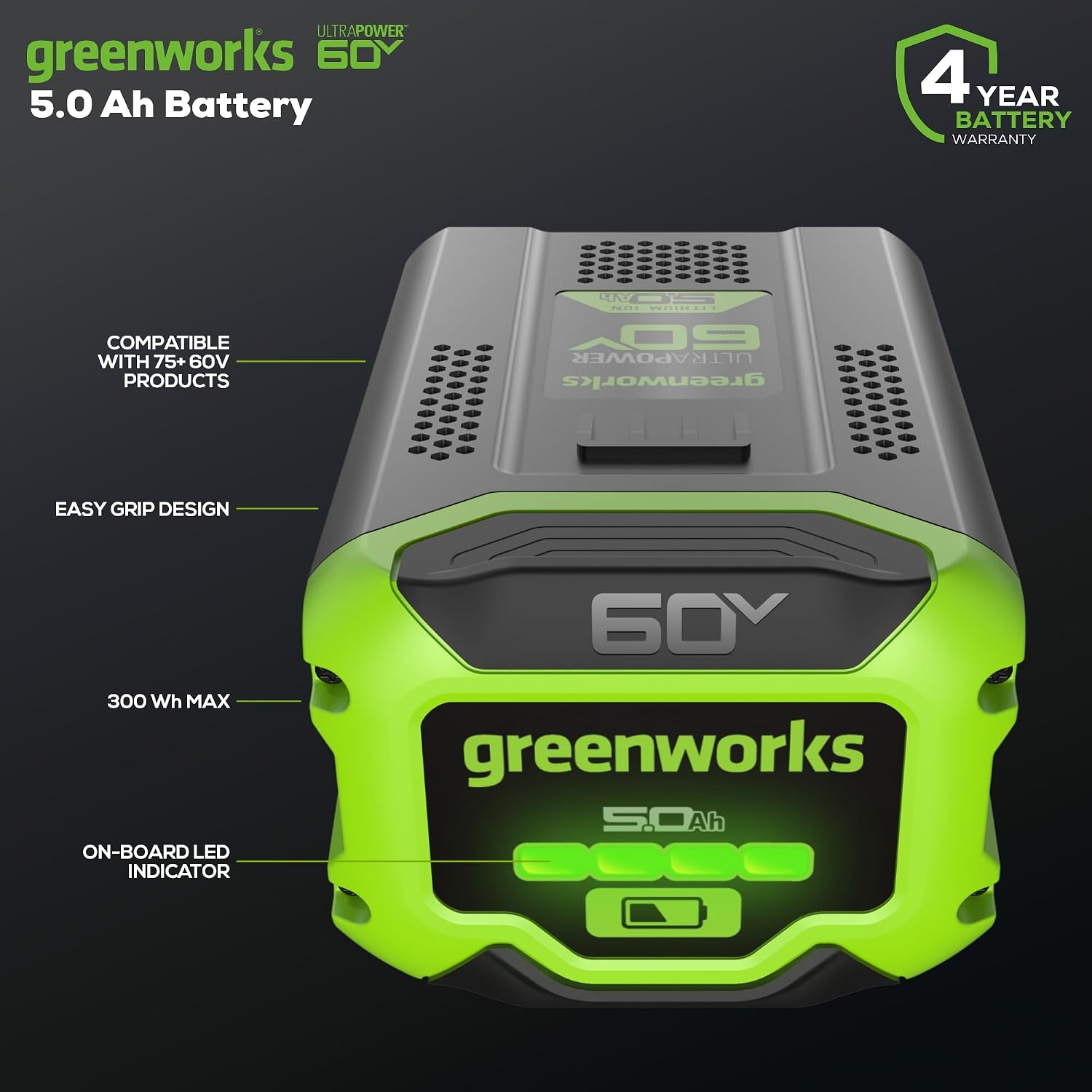 Greenworks 60V 5.0AH Ultra Power Battery | Provides Fade-Free Power for Maximum Performance | Compatible with 75+ Greenworks Tools
