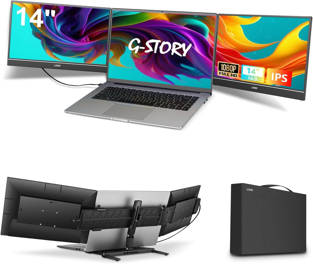 G-STORY Triple Laptop Screen Extender, 14' FHD 1080P Portable Laptop Extended Monitor, One Cable Connect Dual Screen Monitor (Without Fan Dual Screen)