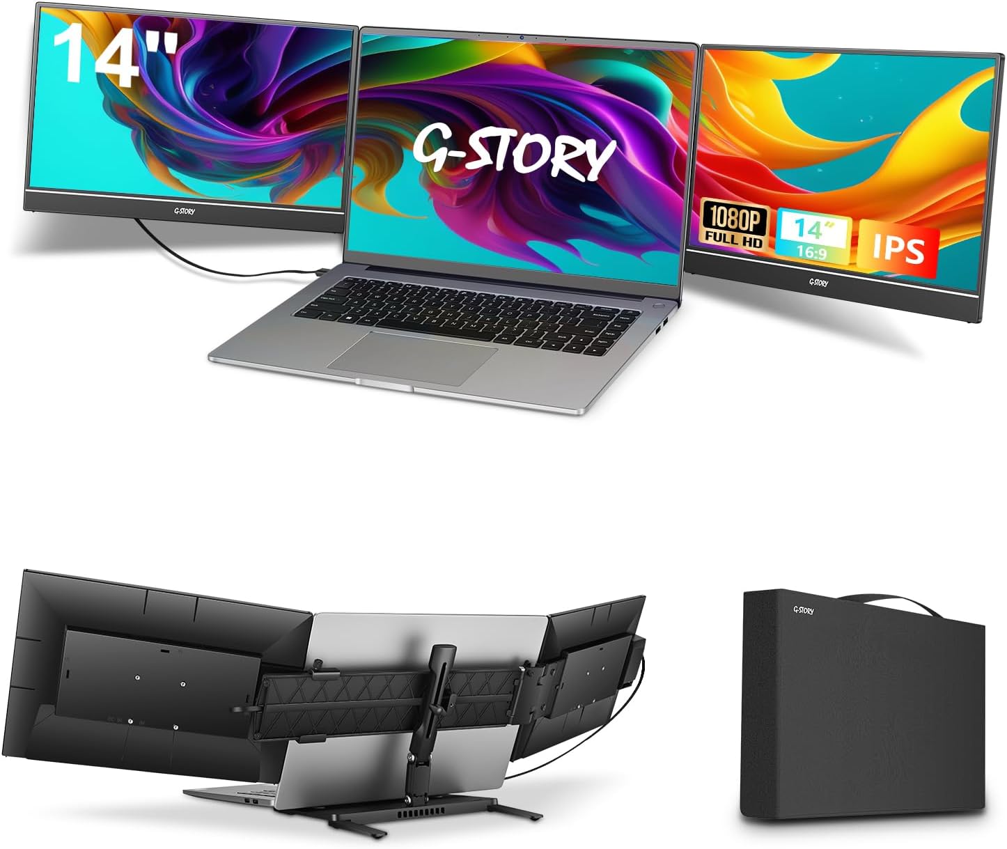 G-STORY Triple Laptop Screen Extender, 14' FHD 1080P Portable Laptop Extended Monitor, One Cable Connect Dual Screen Monitor (Without Fan Dual Screen)