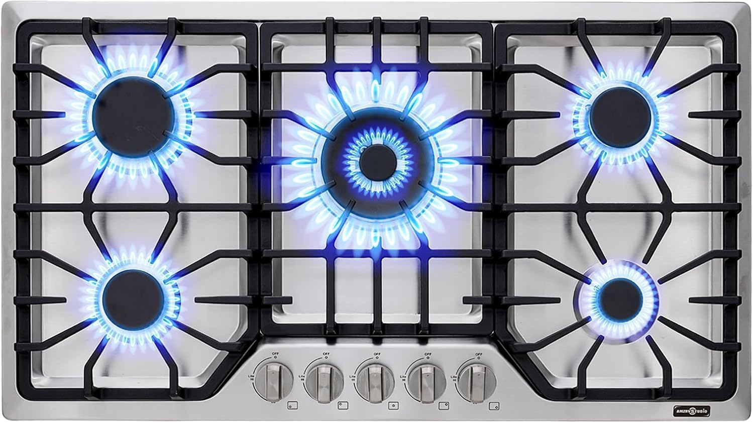 36 inch Gas Cooktop with 5 Italy SABAF Powerful Burners.Max 48,300 BTU/hr Built-in Gas Stove top of 304 Stainless steel,NG/LPG Convertible,ETL.