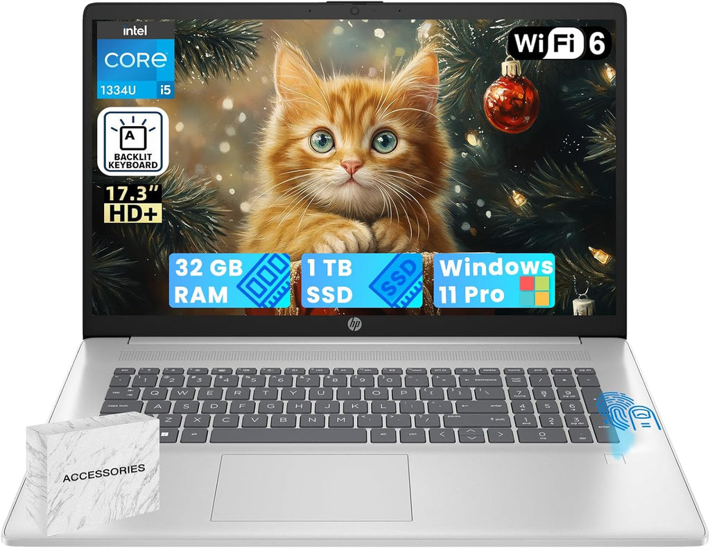 HP 17 Business Laptop Computer - Intel 10-Core i5-1334U, 32GB RAM, 1TB SSD, 17.3' HD+ Display, Fingerprint, Backlit KB, Numeric Keypad, w/Win11 Pro, Office Lifetime, External DVD Drive
