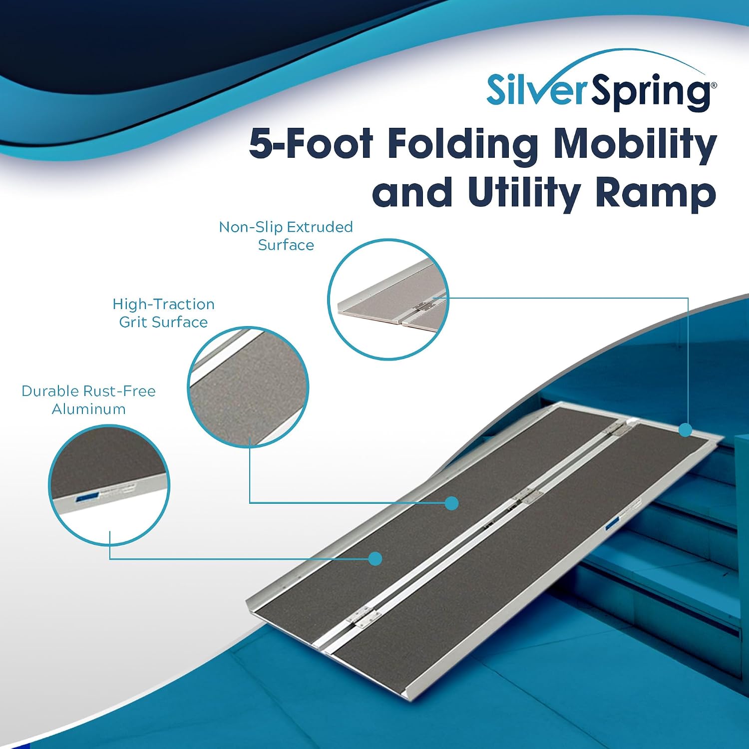 5' Wheelchair Ramp for Home Entry, Folding, Silver Spring
