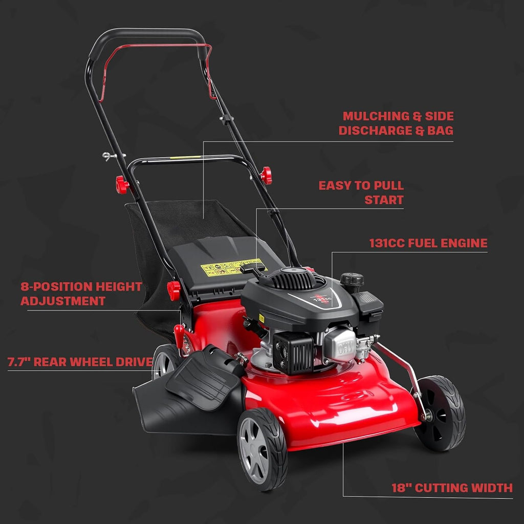 3-in-1 Gas Lawn Mower, Self Propelled Lawn Mower with 131cc Gas Engine, Cordless Push Mowers Tractors with 50L Grass Tank Mowers Clearance for Yard & Garden Ergonomic Handle Big Wheels 2800RPM Red