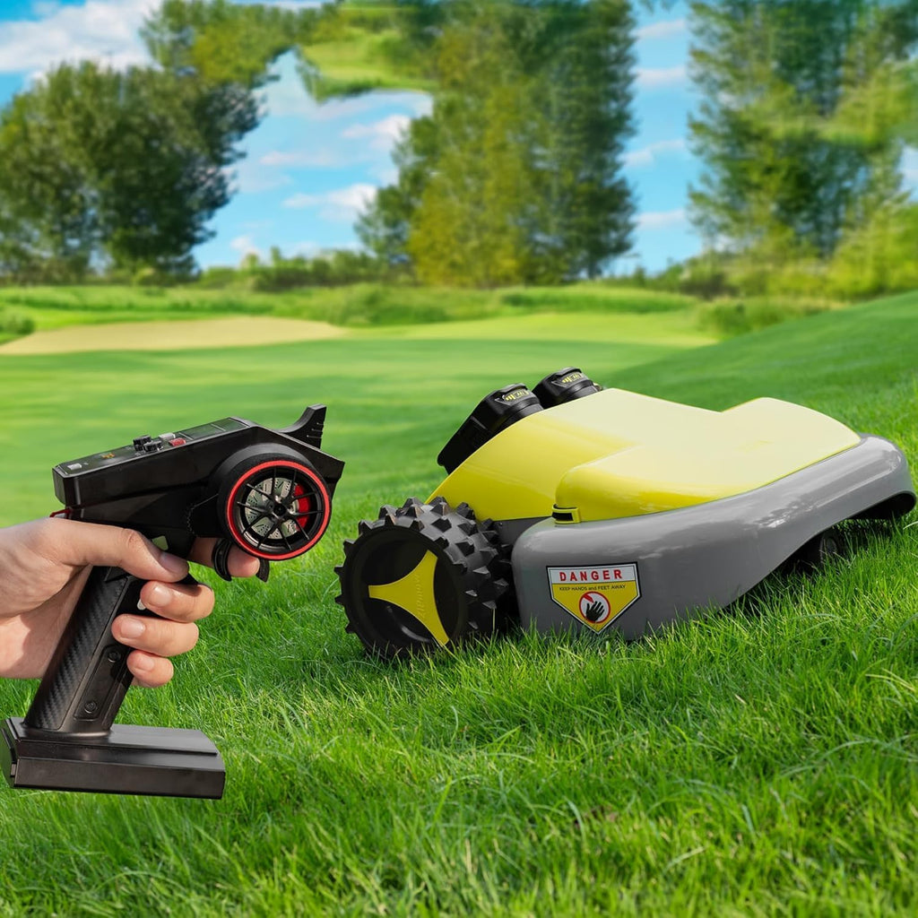 Cordless Remote Control Lawn Mower – Self-Propelled Electric Lawn Mower with Dual 3Ah Batteries, Remote Control, Adjustable 2'–3' Cutting Height & All-Wheel Traction for 45° Slopes