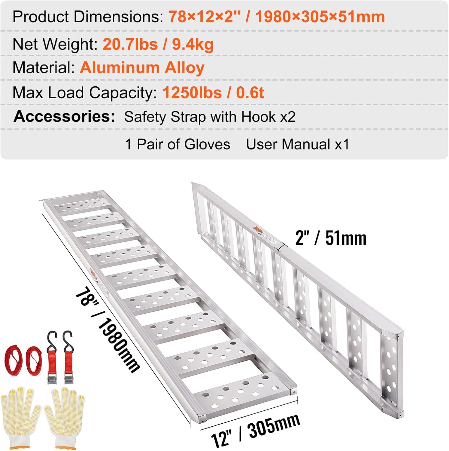 VEVOR Aluminum Ramps, 1250lbs, Straight Ramp with Treads and Load Straps, Portable Loading Ramp for Motorcycles, ATVs, Trucks, Lawn Mower, Dirt Bike, Garden Tractor, 78' L x 12' W, 2Pcs