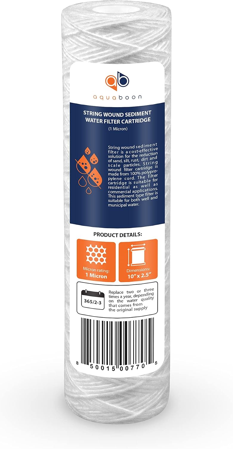 Aquaboon Whole House 1 Micron String Wound Water Filter 10 x 2.5 Cartridge for Well Water Filter Replacement Compatible with WHKF-WHSW, AP110, 50-Pack