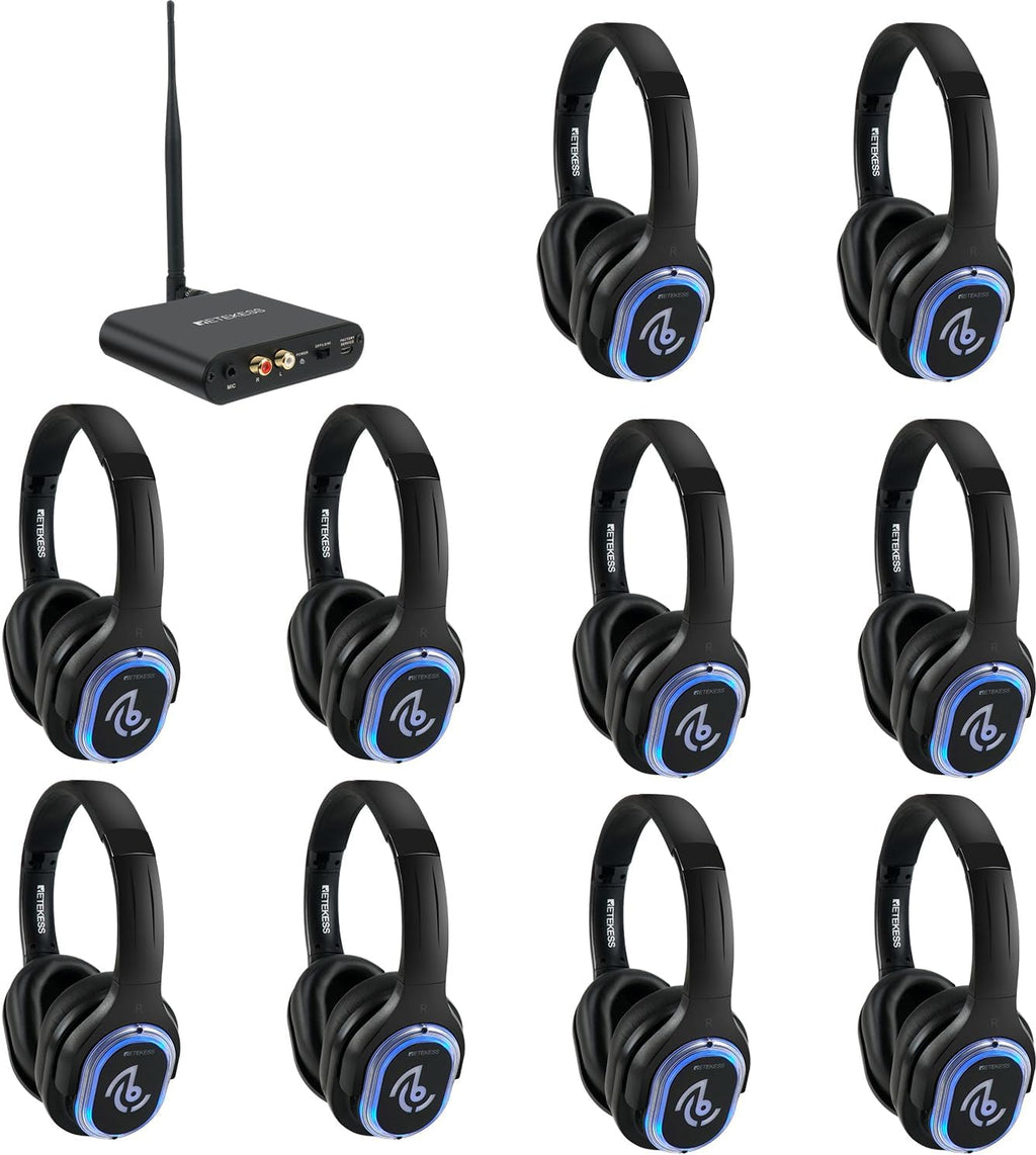 Retekess TA003 Silent Disco Headphone System, Silent Disco Party Headphones,3 Channels,LED Light,Wireless Stereo Headphones Bundle for Kids Party, Home Movies (10 Pack)