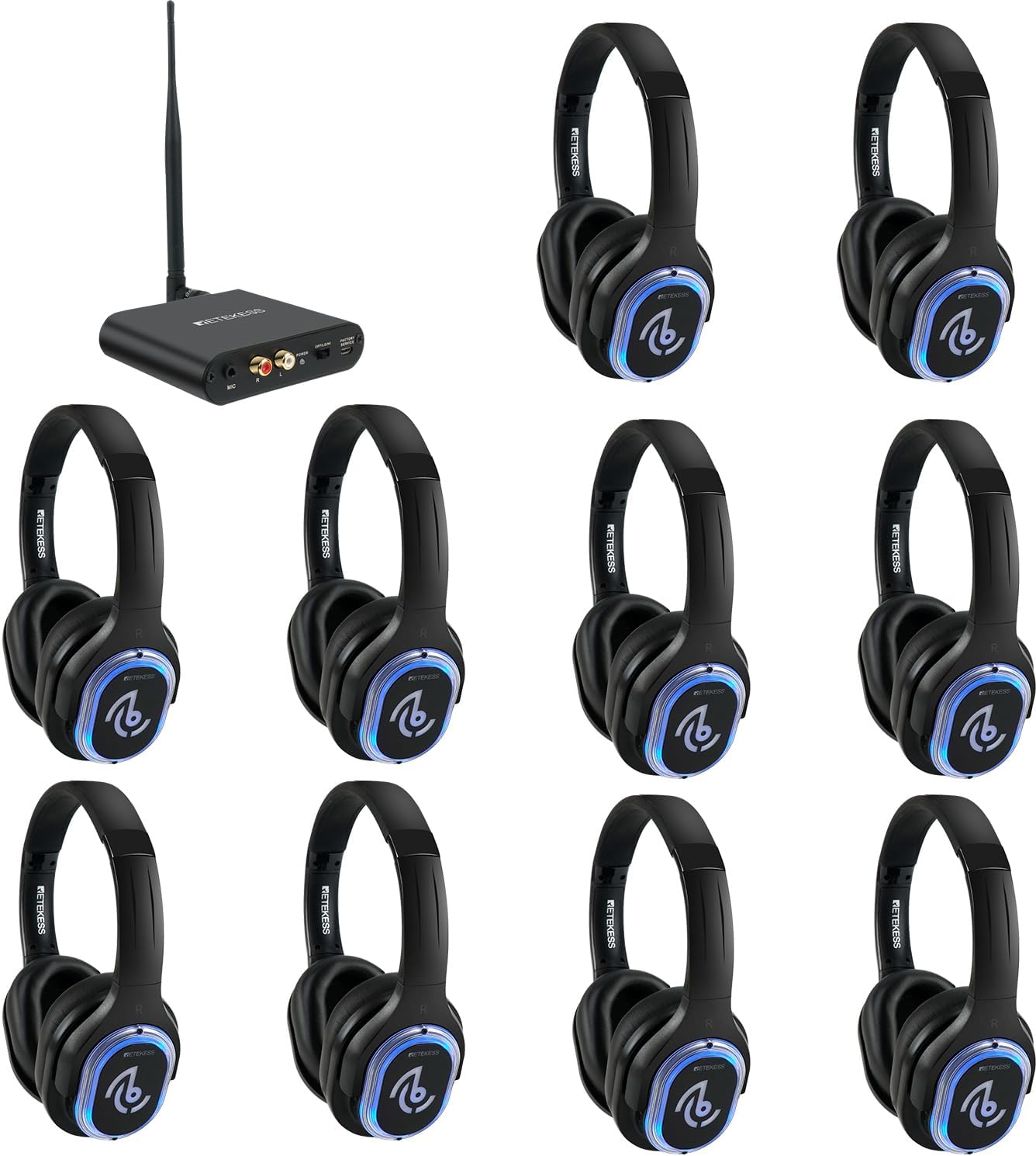 Retekess TA003 Silent Disco Headphone System, Silent Disco Party Headphones,3 Channels,LED Light,Wireless Stereo Headphones Bundle for Kids Party, Home Movies (10 Pack)