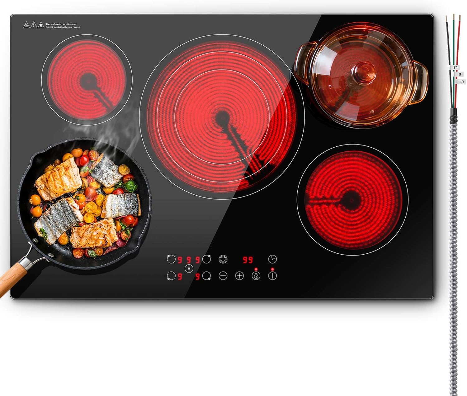 SNDOAS Electric Cooktop 30 inch,9000W 5-Burner Built-in Electric Stove Top with Ceramic Glass & 9 Power Levels,240V Hardwired,Child Lock & Overheat Protection,30' for Standard Countertop Cutout