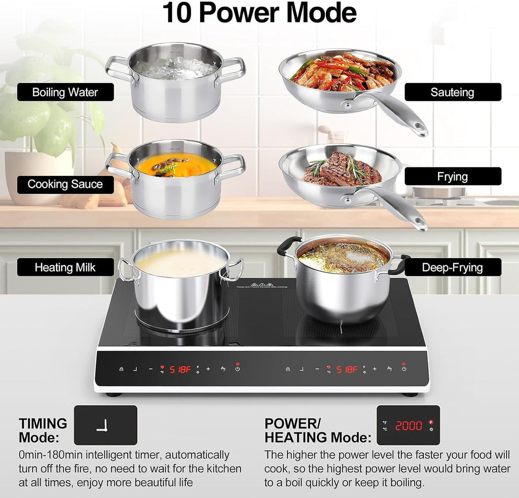 Desktop Double-Head Induction Cooker, 24'' Induction Cooktop with 2 Burners With Led Touch Screen With Child Safety Lock and Timer