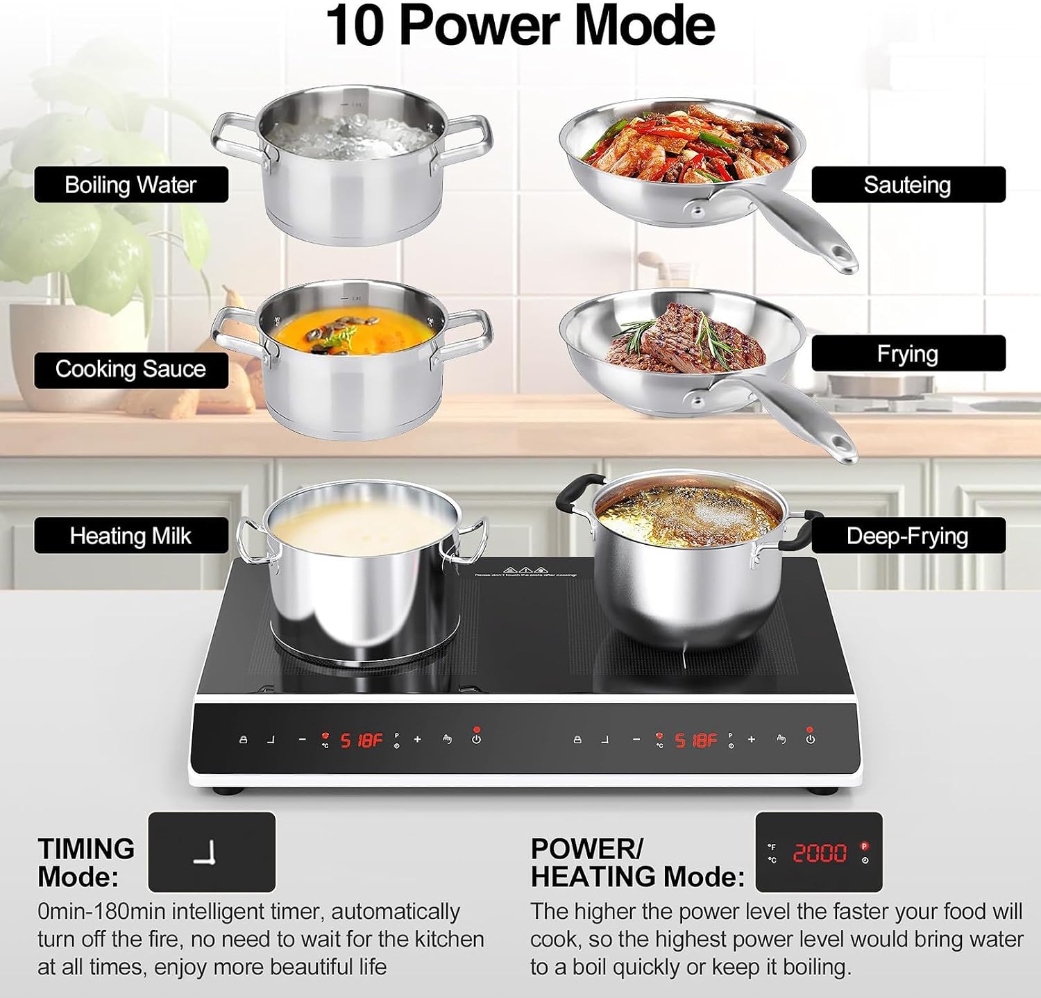 Desktop Double-Head Induction Cooker, 24'' Induction Cooktop with 2 Burners With Led Touch Screen With Child Safety Lock and Timer