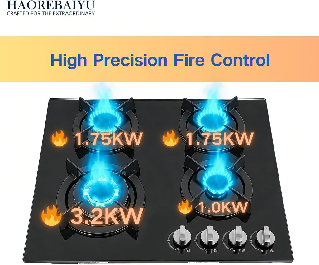 23Inch 4 Burner Built-In Lpg Gas Stovetop,Drop-In Gas Hob with Independent Control Knobs&Backfire Protection,Black Tempered GlassGas Cooktop