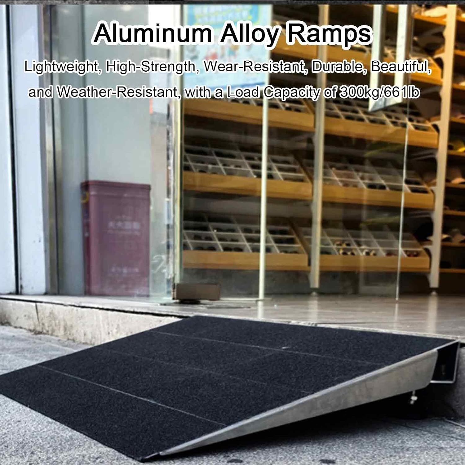 30in Threshold Ramp Non-Skid Aluminum, Portable Ramps for Wheelchairs Adjustable 2.4-5.3in Height, Ramp Pad 661Ib Capacity