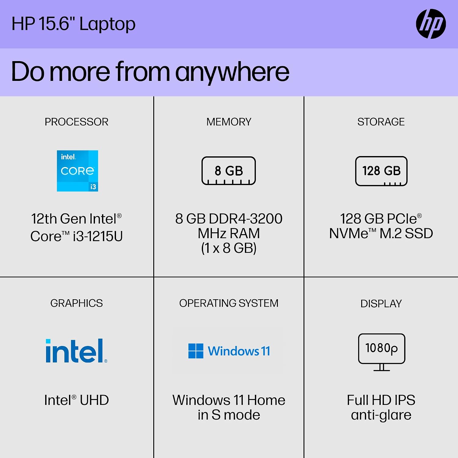HP 15 inch Laptop, FHD Display, 12th Generation Intel Core i3-1215U, 8 GB RAM, 128 GB SSD, Intel UHD Graphics, Windows 11 Home in S Mode, 15-dy5599nr (2023)