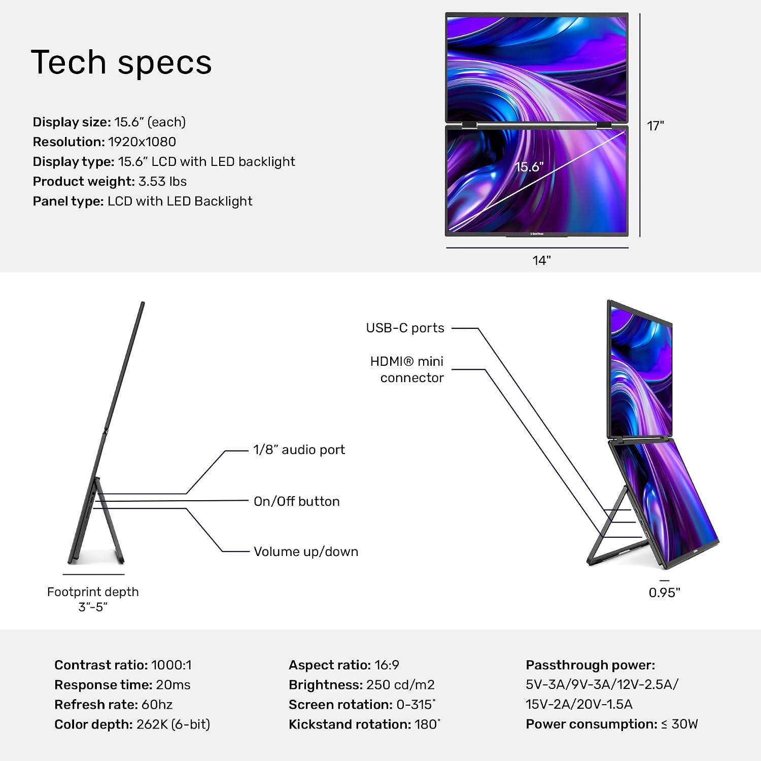 SideTrak Solo Book 15.6' Foldable Dual Screen Portable Monitor - FHD Portable Stacked Monitor, External Display for Laptop, Extender with Stacked Dual Monitors for Mac, PC, and Chromebook