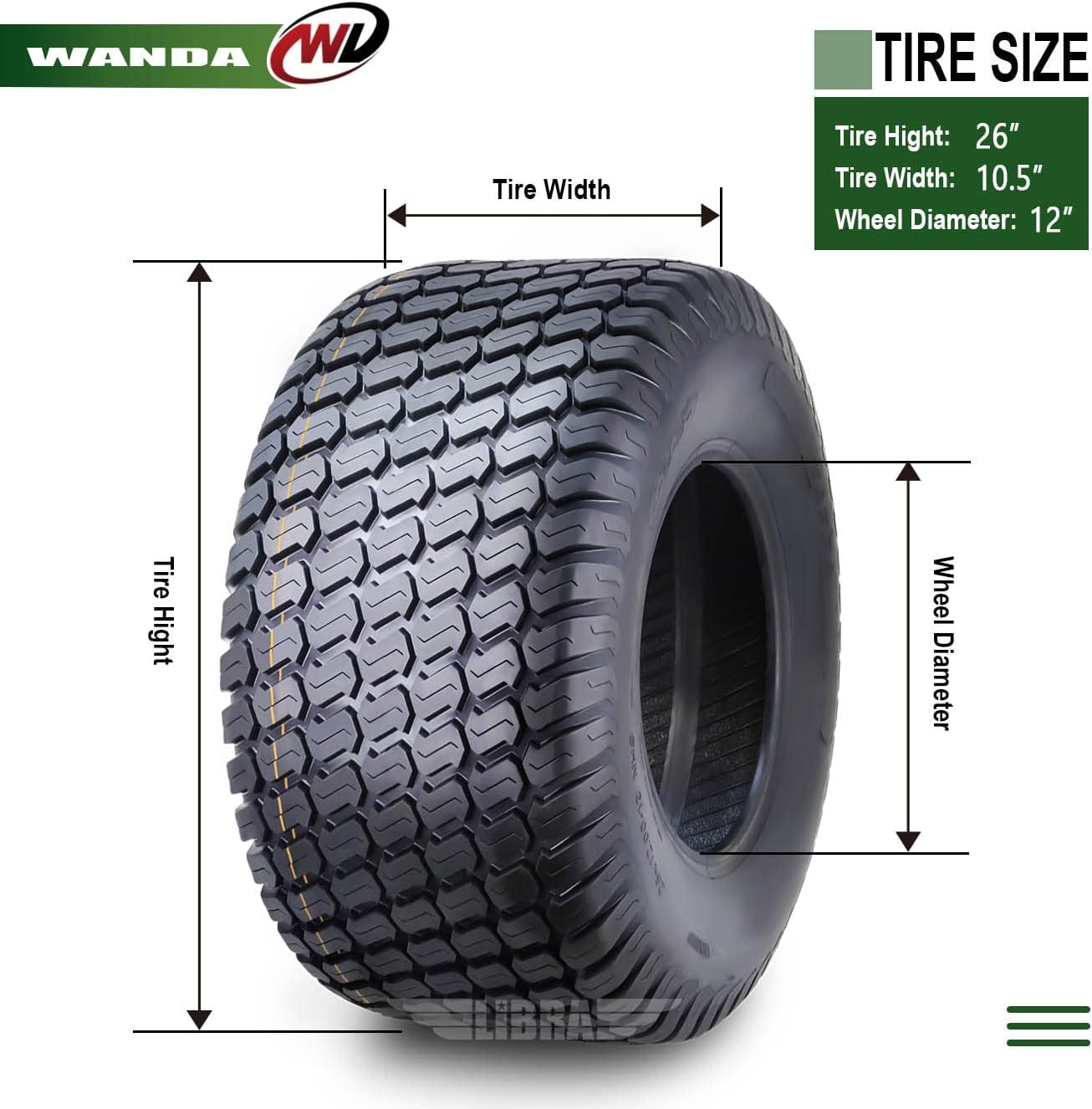 WANDA 26X10.5-12 Lawn Mower Tractor Cart Turf Tire 4 Ply 26x10.5x12-13055