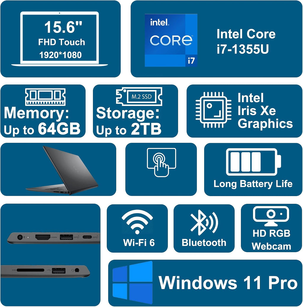 Dell 15 Business Laptop 15.6' FHD Anti-Glare Touchscreen Intel 10-core i7-1355U 16GB RAM 1TB SSD Type-C ExpressCharge Long-Lasting Battery Win11Pro