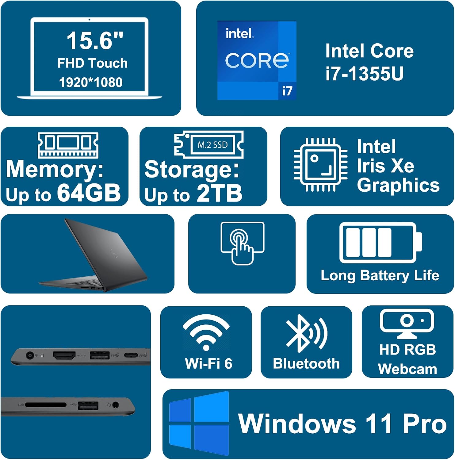 Dell 15 Business Laptop 15.6' FHD Anti-Glare Touchscreen Intel 10-core i7-1355U 16GB RAM 1TB SSD Type-C ExpressCharge Long-Lasting Battery Win11Pro