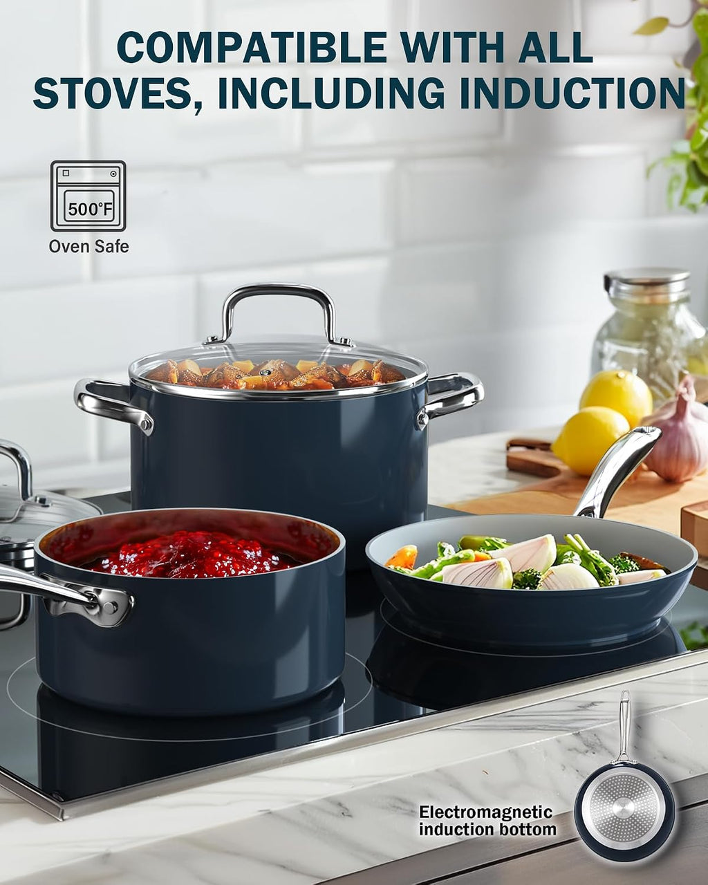 Cook N Home 10 Pcs Ceramic Pots and Pans Cookware Set, Non Stick & Non-Toxic Health Kitchen Cook Ware Sets, Blue