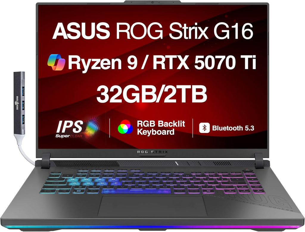 ASUS ROG Strix G16 G614 AI Gaming Laptop 16.0' 165Hz IPS WUXGA Display (AMD Ryzen 9 8940HX, GeForce RTX 5070 Ti 12GB, 32GB DDR5, 2TB PCIe SSD, RGB KB, Win 11 Home) w/DKZ USB Hub - G614PR-G16.R95070TI