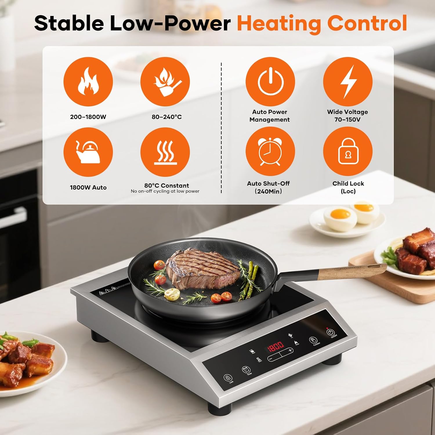 Portable Induction Cooktop 1800W, Single Burner Induction Cooker with Touch Control, Low Power Continuous Heating, Dual IGBT System, Dual Cooling Fans, Timer, Safety Lock, 110-120V