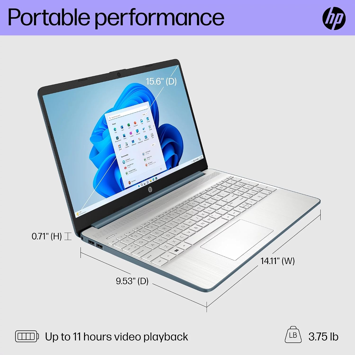 HP 15.6' Laptop, Intel Core i3-1115G4, 8GB RAM, 256GB SSD, Spruce Blue, Windows 11 Home in S Mode, 15-dy2792wm