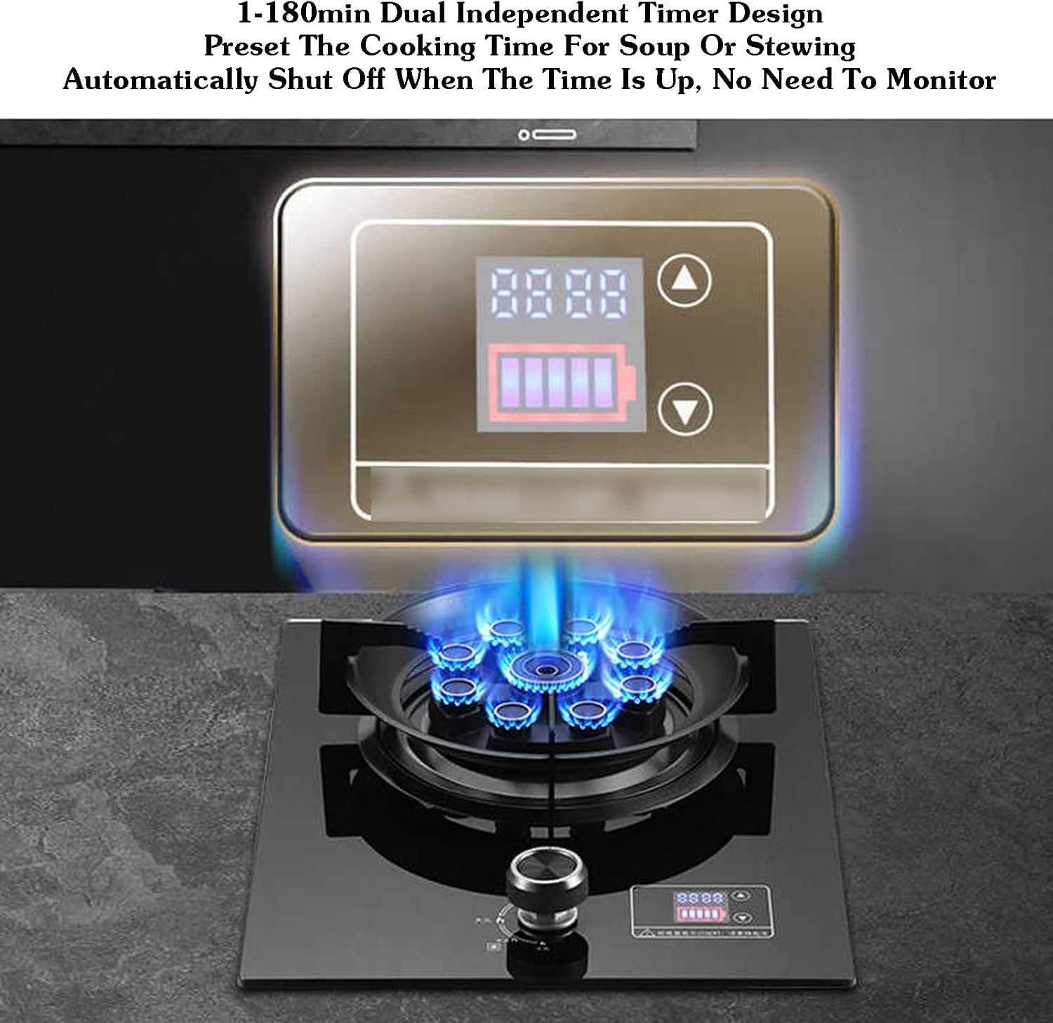 Gas Stove 1 Burner,5.2KW 9-Cavity Countertop Stove,Independent Timer Both Sides,Tempered Glass Cast Iron Pot Rack,NG/LPG Gas Source Kit(LPG)