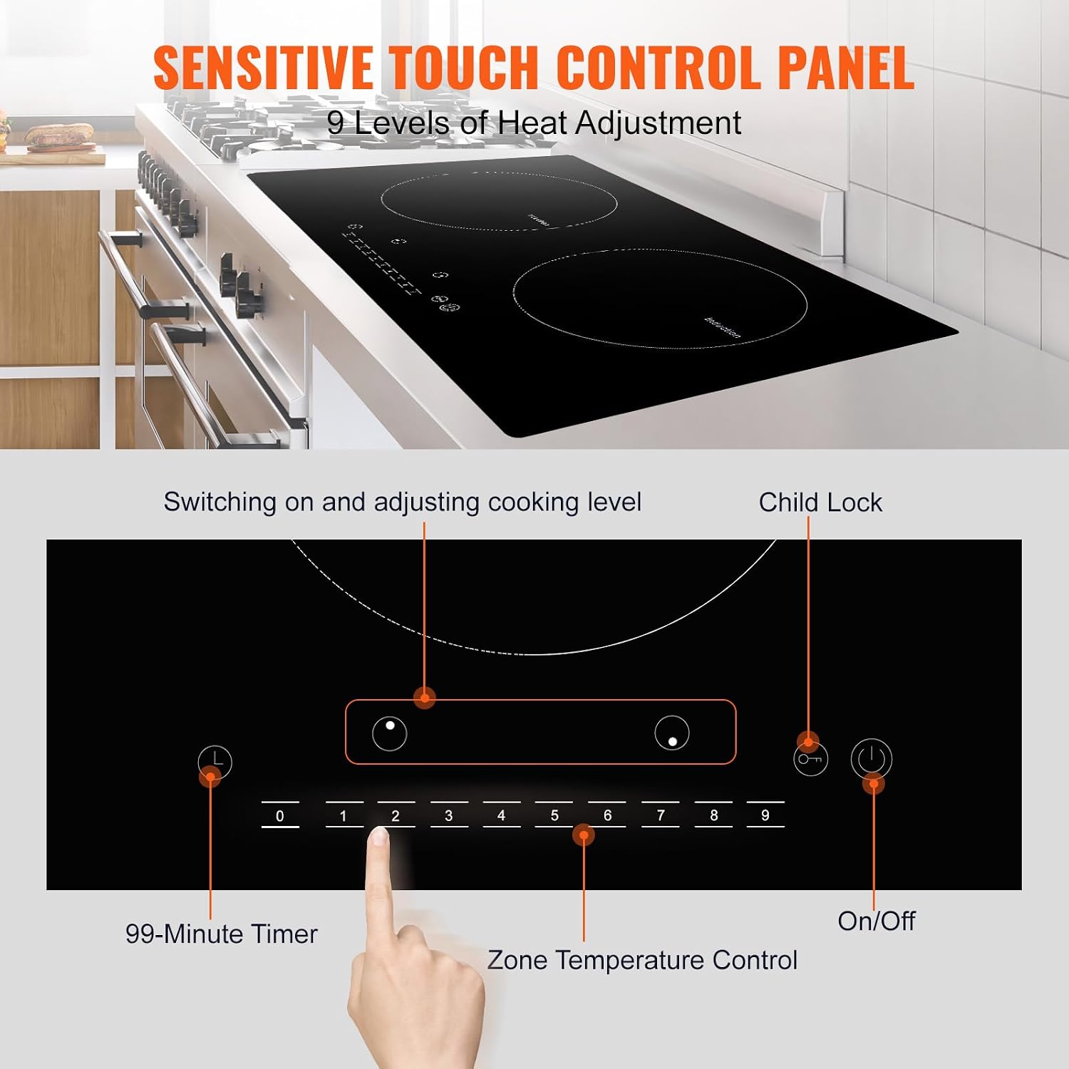 Happybuy Electric Cooktop, 2 Burners, 24'' Induction Stove Top, Built-in Magnetic Cooktop 1800W, 9 Heat Levels, LED Touch Control with Child Lock & Overheat Protection