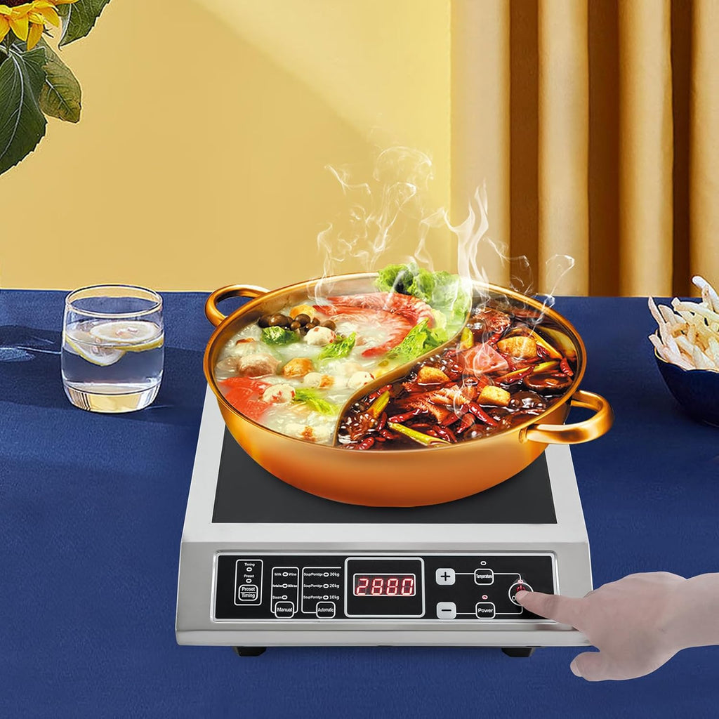 3500W Induction Cooktop Induction Cooker, Stainless Steel Commercial Grade Countertop Induction Cooker Professional Portable Electric Burner 8 Power&Temperature Settings LCD Screen