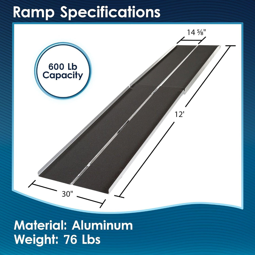 12' Portable Wheelchair Ramp for Home Steps & Entry, 600 lb Capacity, Folding, Non-Slip, for Scooter, Walker, Rollator, Silver Spring