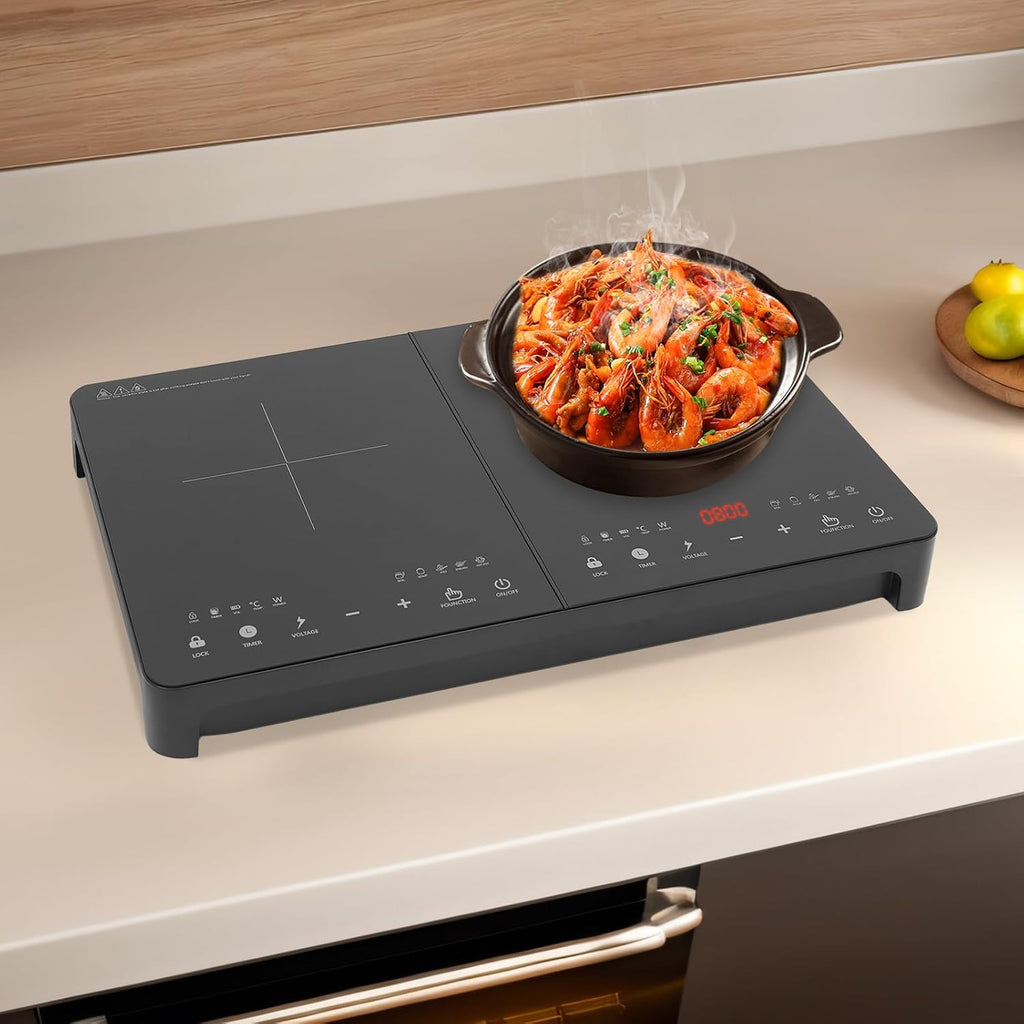 Double Induction Cooktop Burner with LED Display, 110V Quick Setting Function Portable Dual Induction Cooker Cooktop with Child Safety Lock & Time