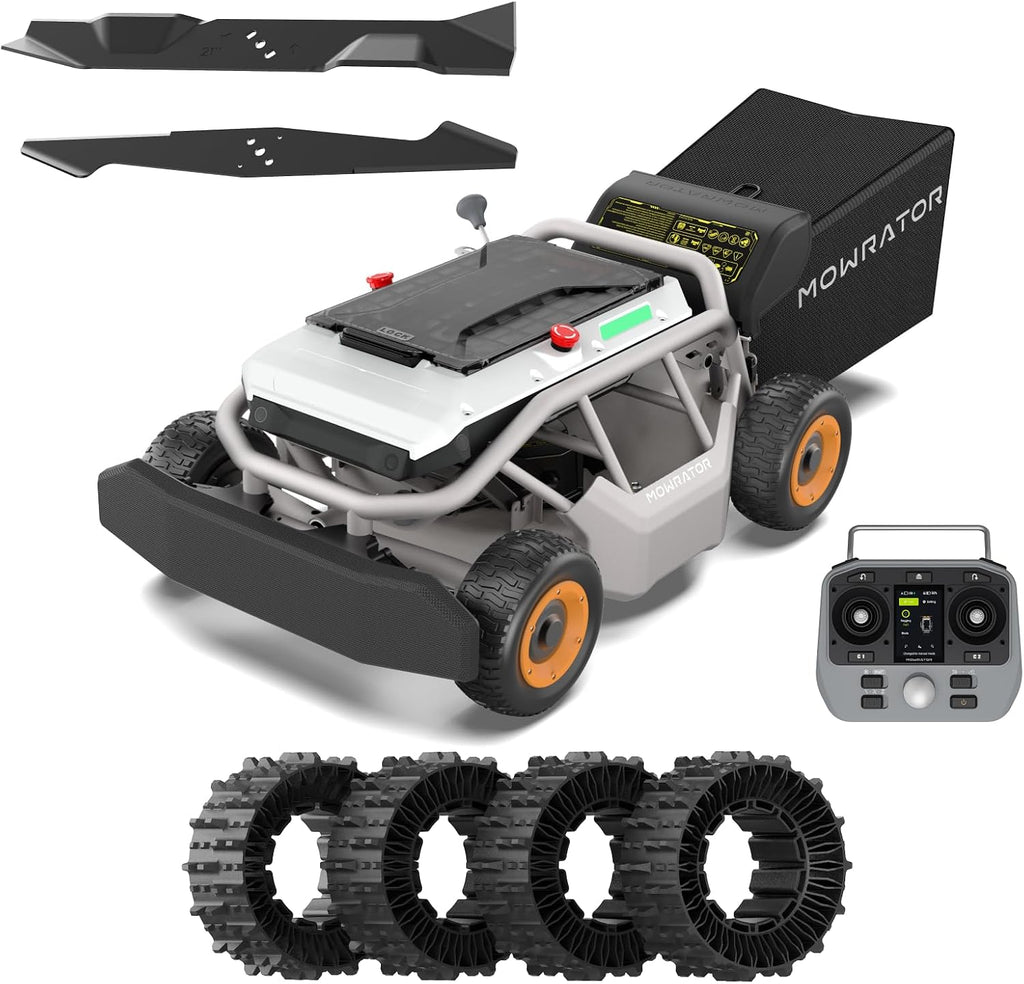 Mowrator S1 4WD 18Ah Remote Control Lawn Mower with Deformable Tires, All-Season Yard Care, 100% (45°) Slope Climbing, with Leaf Shredding Vacuum, 21' Width, 1.5–4.3' Cutting Height, Up to 1.12 Acres