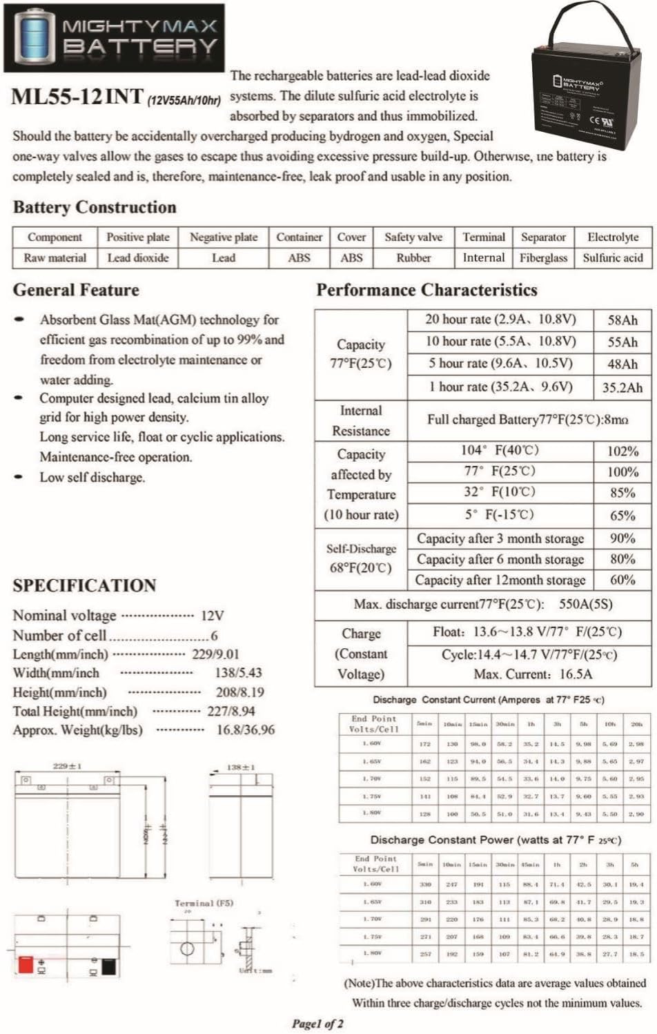 ML55-12INT -12 Volt 55 AH, Internal Thread (INT) Terminal, Rechargeable SLA AGM Battery
