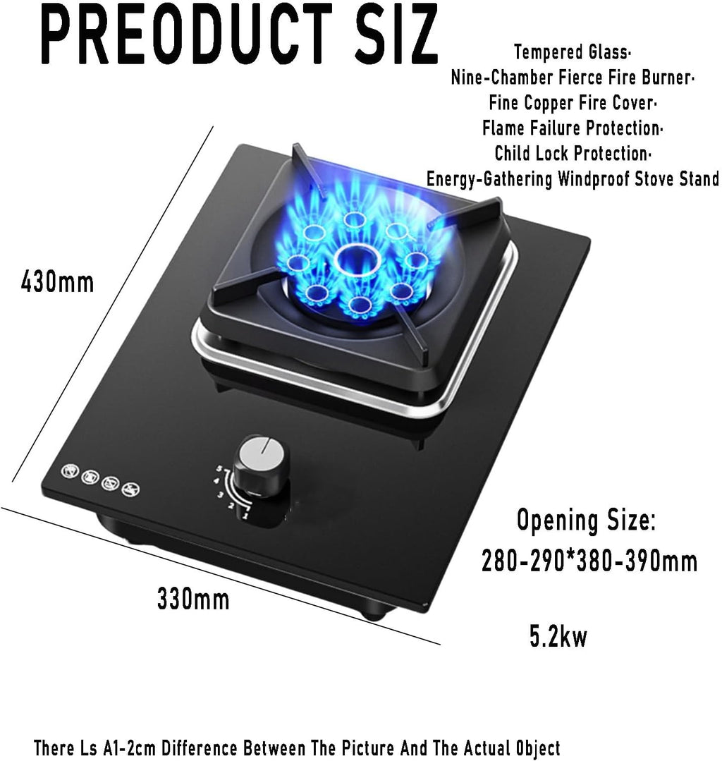 5.2KW Gas Cooktop,With Timer 9 Cavity Camping Single Burner, Single Burner Stove Tempered Glass Portable Gas Stove for Apartment(LPG)
