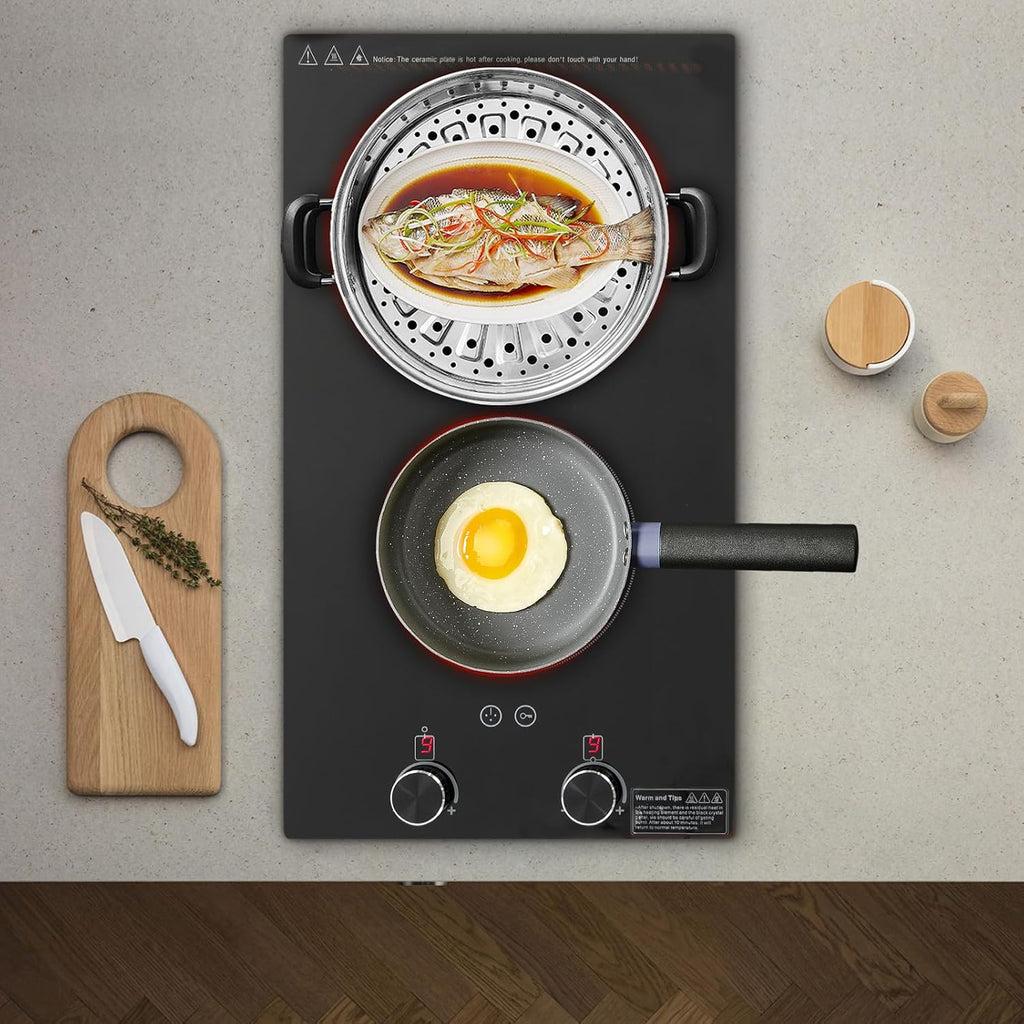 Electric Cooktop, 110V Electric Ceramic Cooktop, Double-burner Ceramic Electric Hob, Portable Countertop Burner, Touch Control, 1800W Countertop Burner, Electric Hob Top with Knob Control