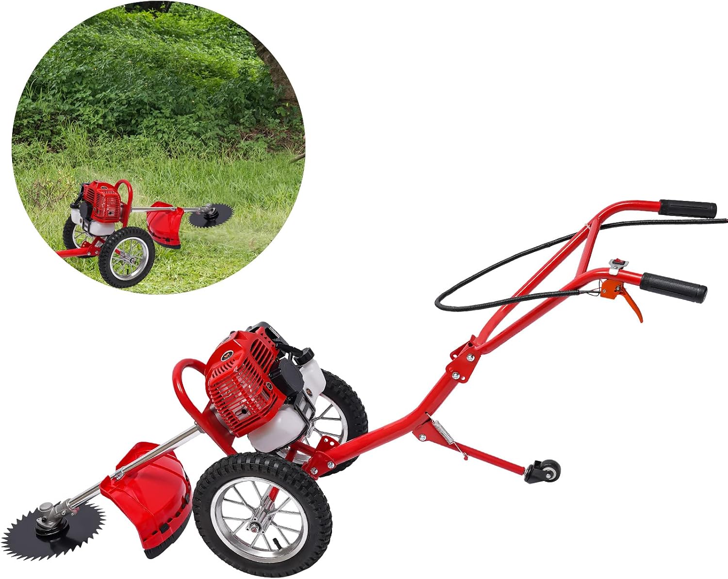 Walk Behind Lawn Mower, 49CC 2-Stroke Gas Brush Cutter with 7000R/Min High Speed Foldable Auxiliary Wheel & 2 Loosening Blades Lawn Trimmer Weeding Machine for Home Yards Gardens Small Farms Etc