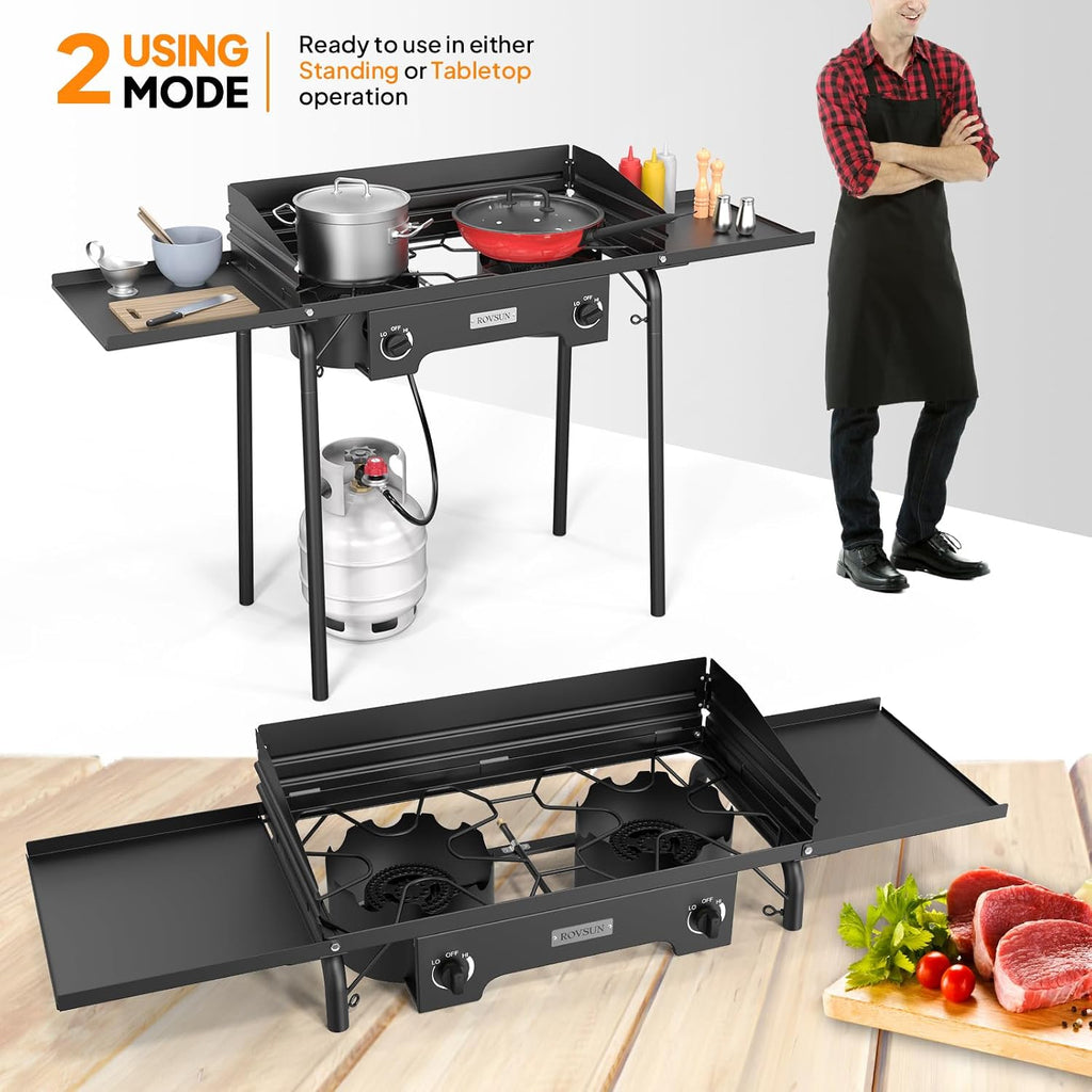 ROVSUN 2 Burner Outdoor Camping Stove with Wind Panel & Shelves, Heavy Sturdy Propane Burner, Gas Cooker with Detachable Legs & CSA Regulator for Home Camp Paito Cooking Frying Canning