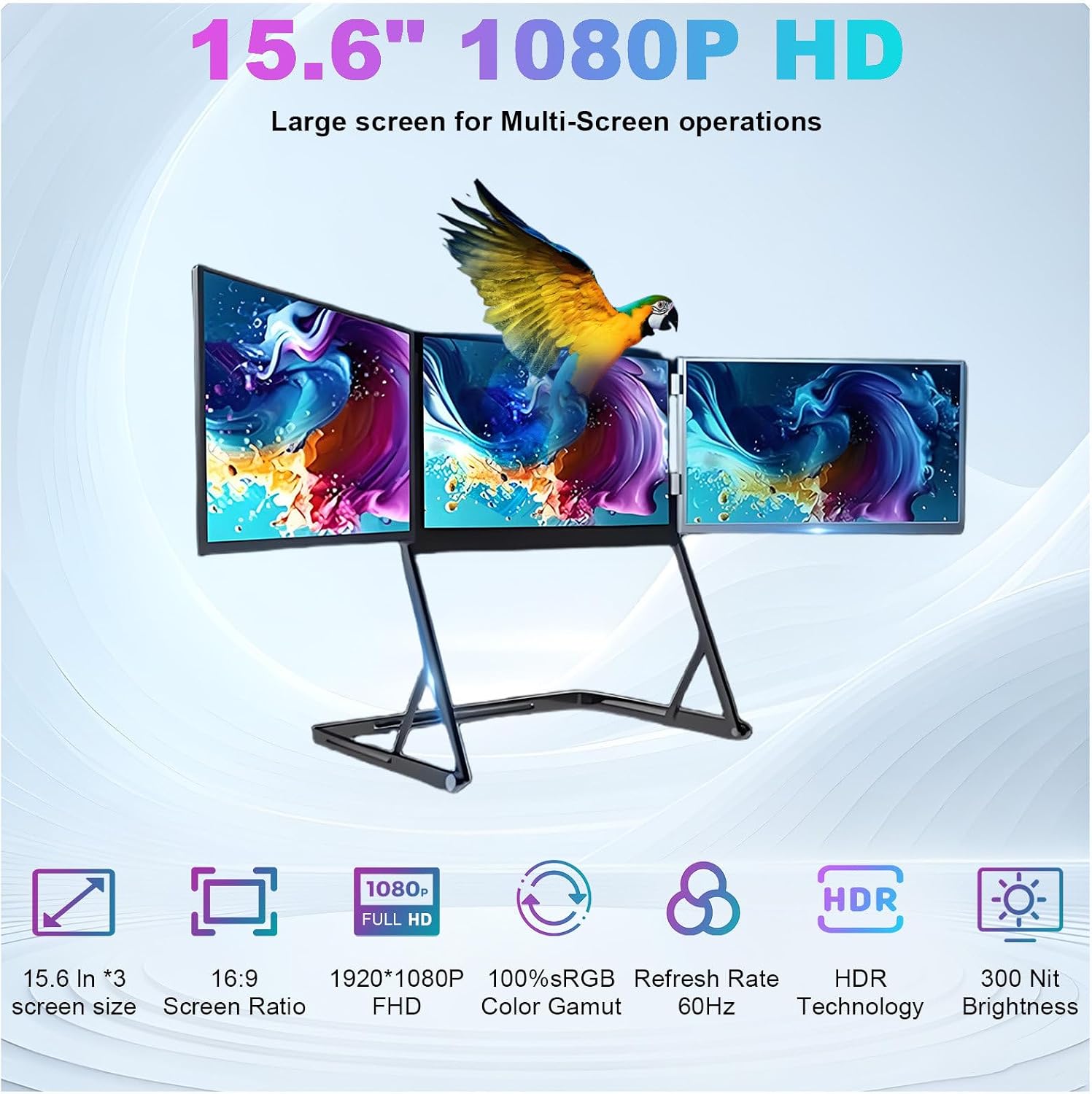 Laptop Screen Extender Monitor, 15.6' Triple Monitor FHD 1080P HDMI/Type-C Extended Monitor Just 1 Cable for 3 Screens for Laptops with 360° Rotation Compatible with Windows Mac Travel Work